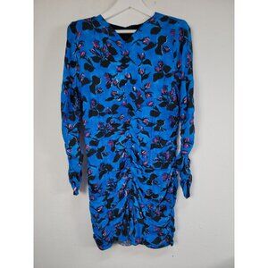 Zara Womens Floral Ruched Long Sleeve Mini Dress V-Neck Large Blue/Purple New
